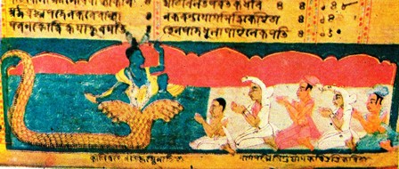 Krishna punishes Kaliya: Assamese manuscript painting.